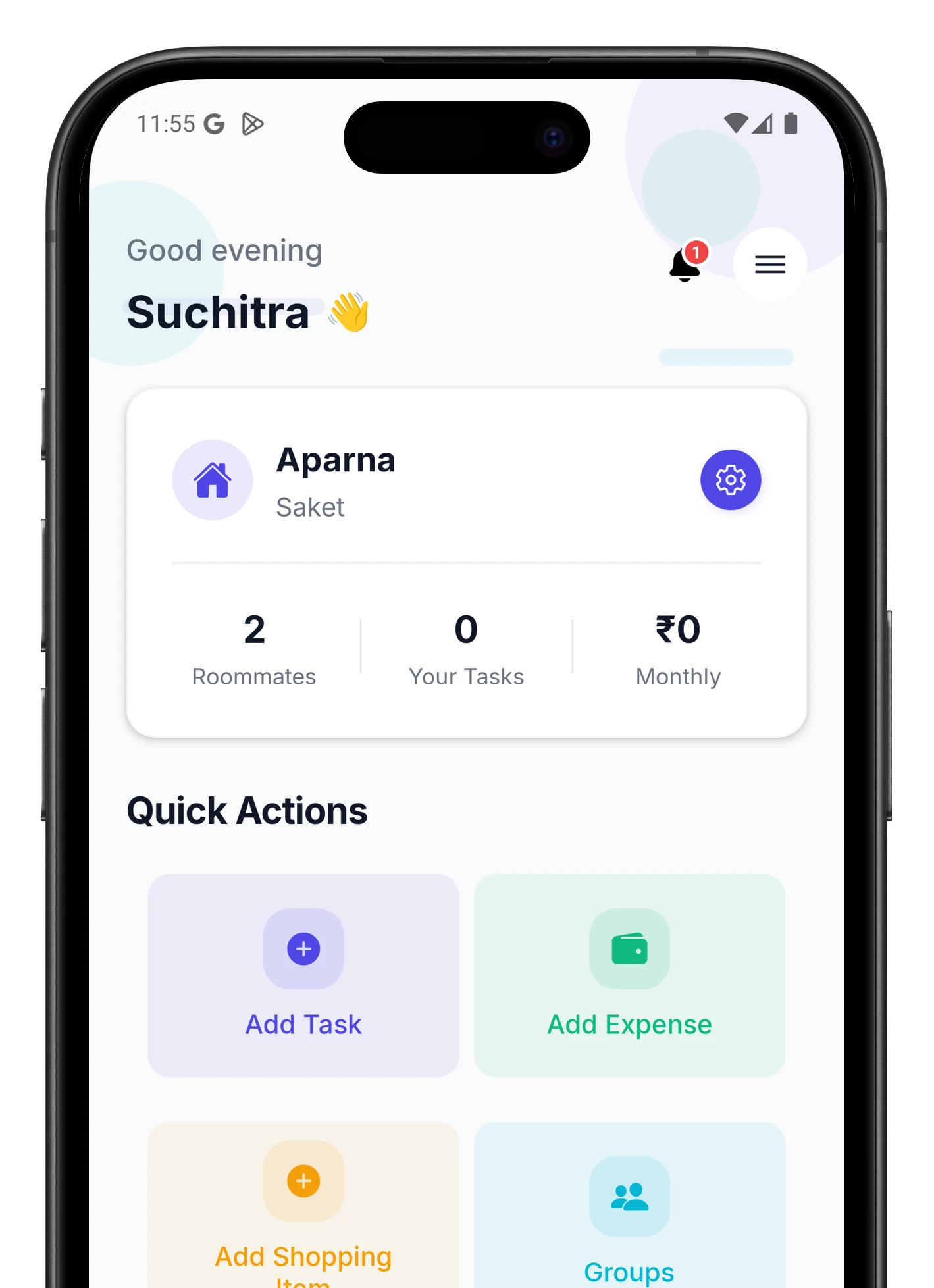 RoomHives App Dashboard showing expense splitting and charts